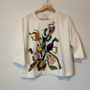 Poetry White Abstract Floral 3/4 Sleeve Cotton Jersey Top Women's Size 6 NWT